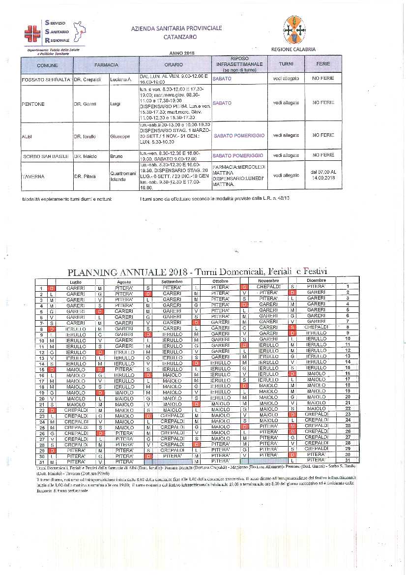 Calendario Turni e Ferie Anno 2018 Farmacie ricadenti nell'ASP di Catanzaro