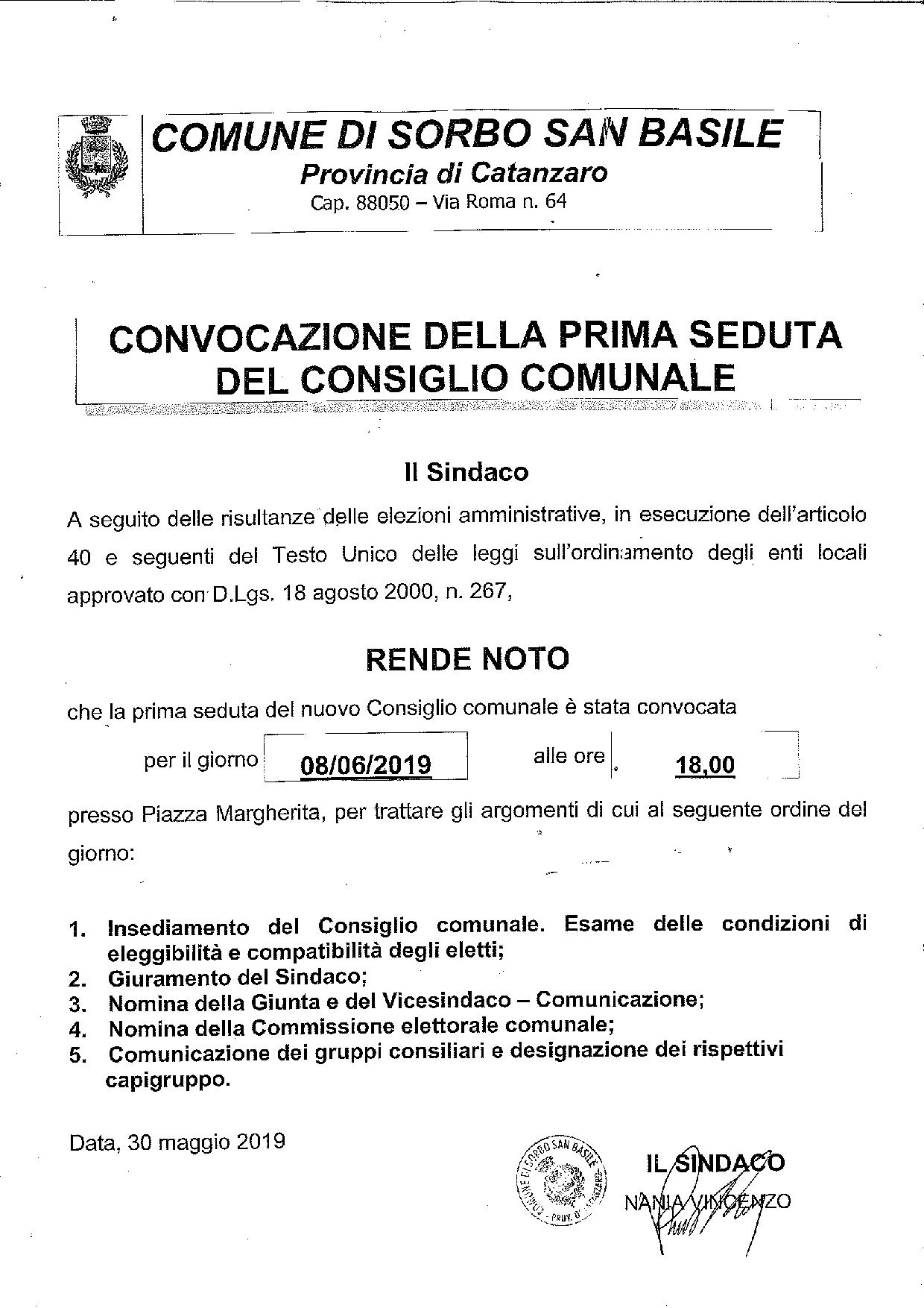 CONVOCAZIONE DELLA PRIMA SEDUTA DEL CONSIGLIO COMUNALE